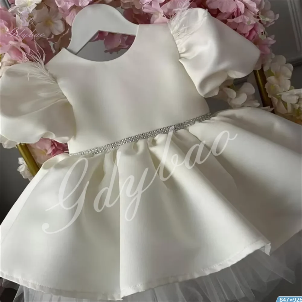 White Satin Baby Girls Festive Costumes Flower Girl Dresses  Bow First Communion Birthday Ball Party Custom Bridesmaid Outfits