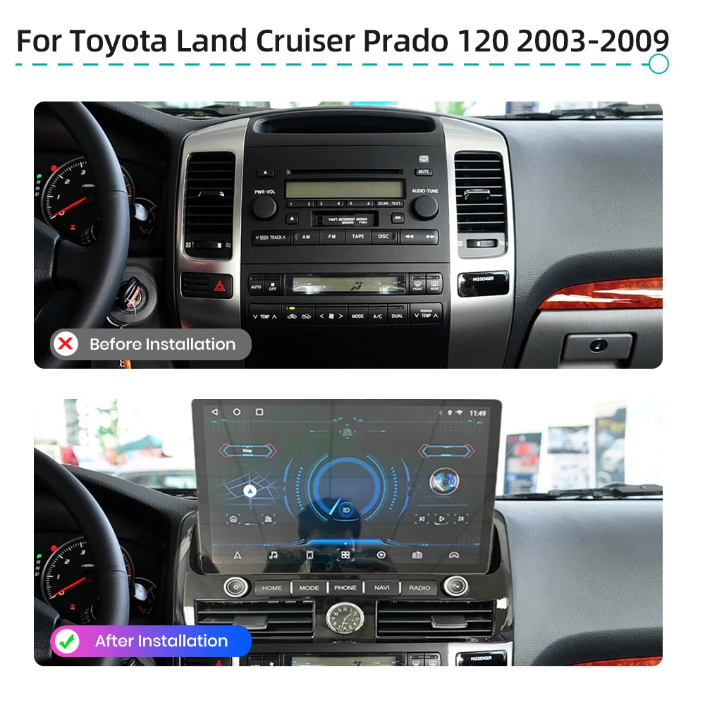 13.3'' QLED Android 14 Car Multimedia Player CarPlay GPS 4G WiFi Bluetooth Car  Radio For Toyota Prado 120 2003-2009 Lexus GX470