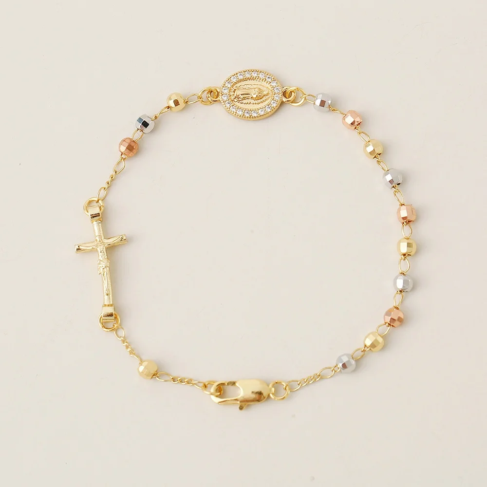 New Religious Copper Rosary Bead Cross Bracelet For Women Cubic Zircon Virgin Mary San Benito Pulsera Wholesale Jewelry