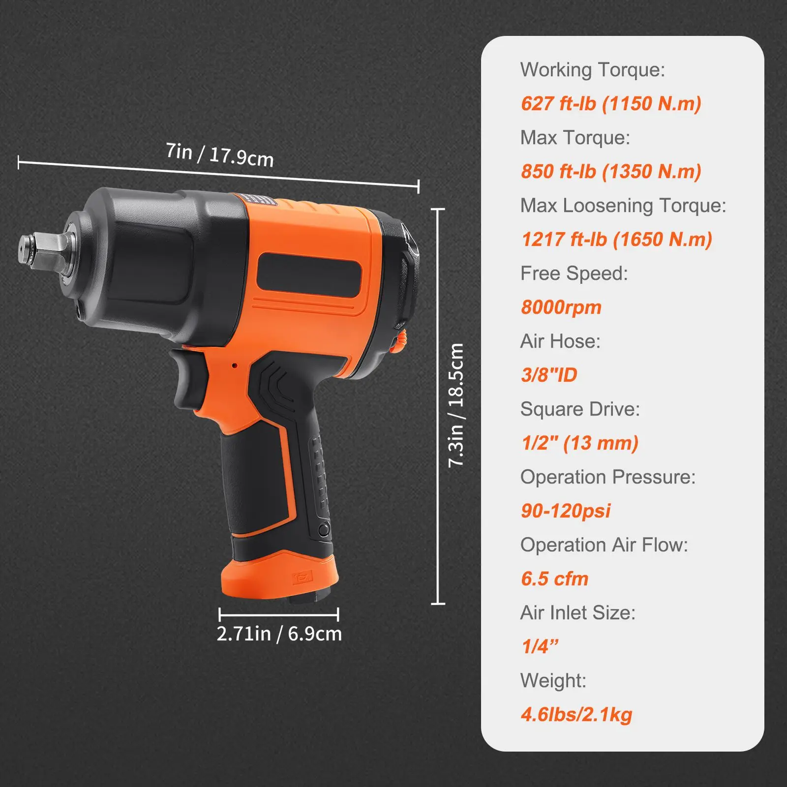 1/2-Inch Air Impact Wrench, High Torque Up to 1400 ft-lbs, Lightweight 4.6 lb Design Pneumatic Impact Gun with 11-PCS 1/2-Inch Drive CR-V Steel Impact Socket Set & Carrying Case