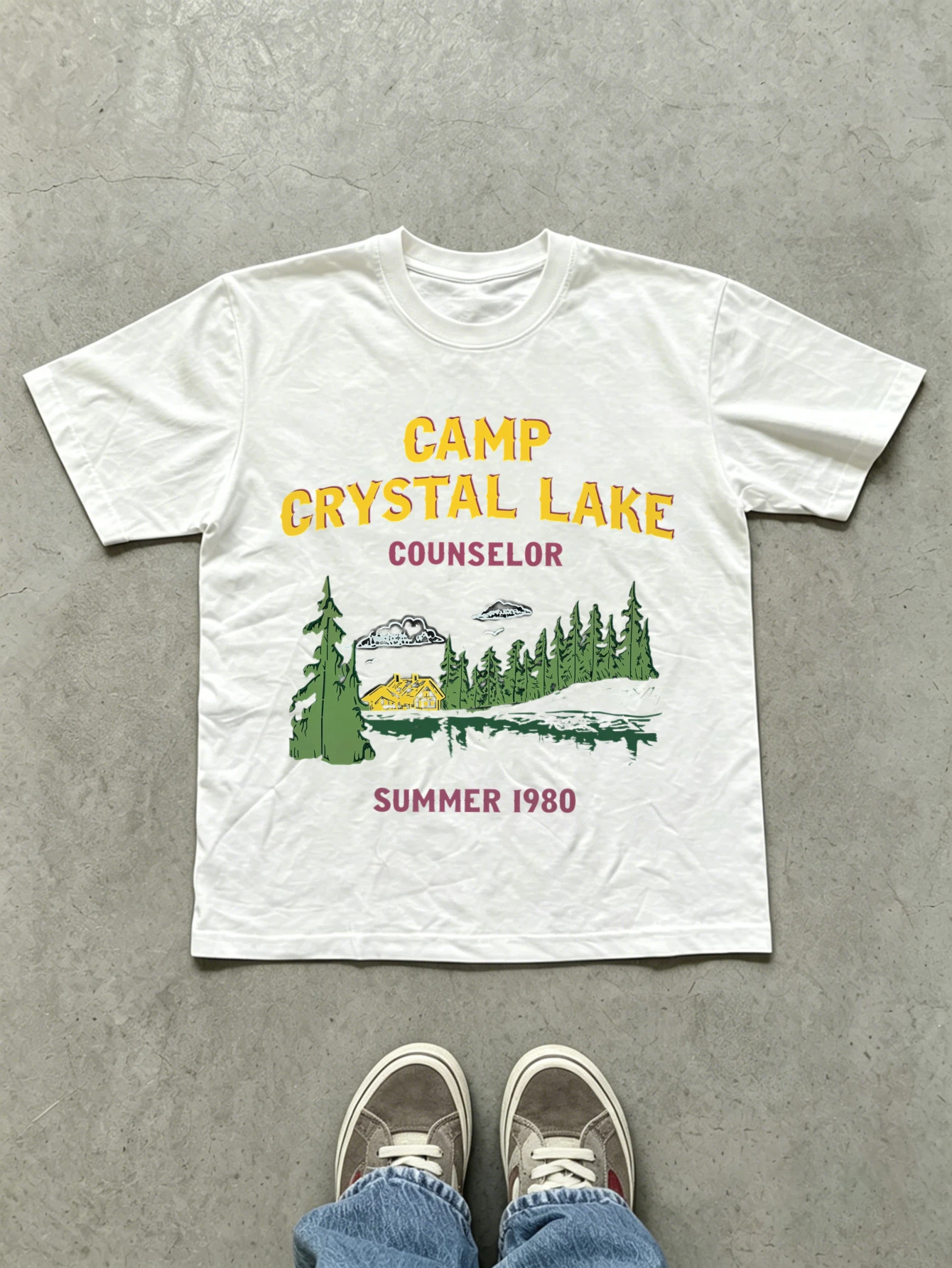 Men's Vintage 1980 Camp Crystal Lake T-Shirt - Retro 80s Print Crew Neck Short Sleeve, Soft Breathable Pure Cotton Tee Suitable for Daily Wear, Outdoor Activities, Birthday Gift for Him, Camp Counselor