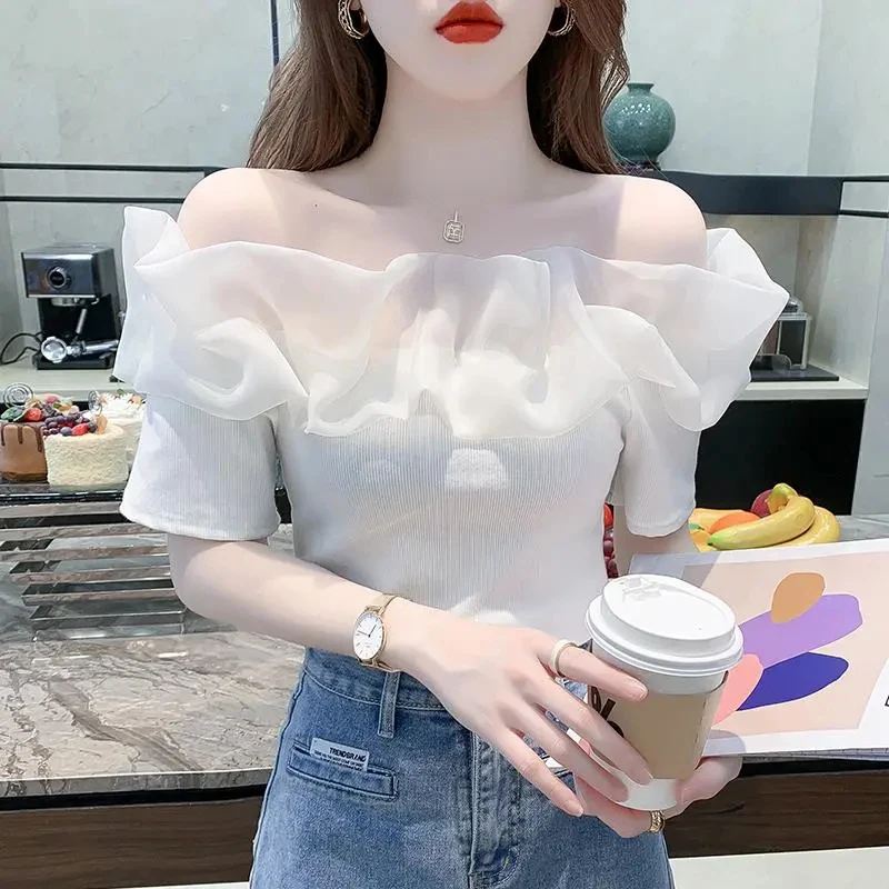 Women Slash Neck Shirt Korean Sexy Off Shoulder Patchwork Short Sleeve Female Blouse Fashion New Ruffles All Match Ladies Shirt