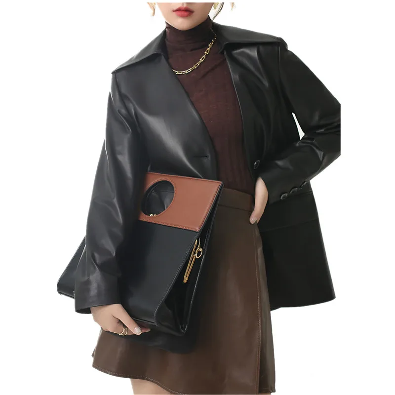 Women's The First Layer Sheepskin Suit Jacket, Collarless Suit, Lady Leather Coat, Spring and Autumn Fashion