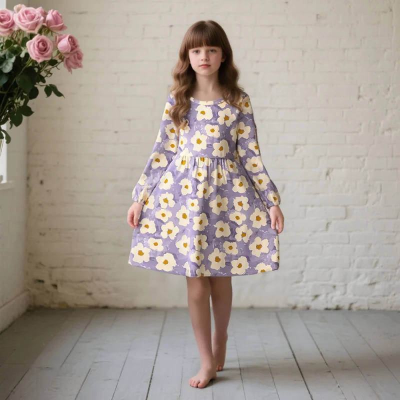 

2025 Girls Cute Print Casual Long Sleeve Dress