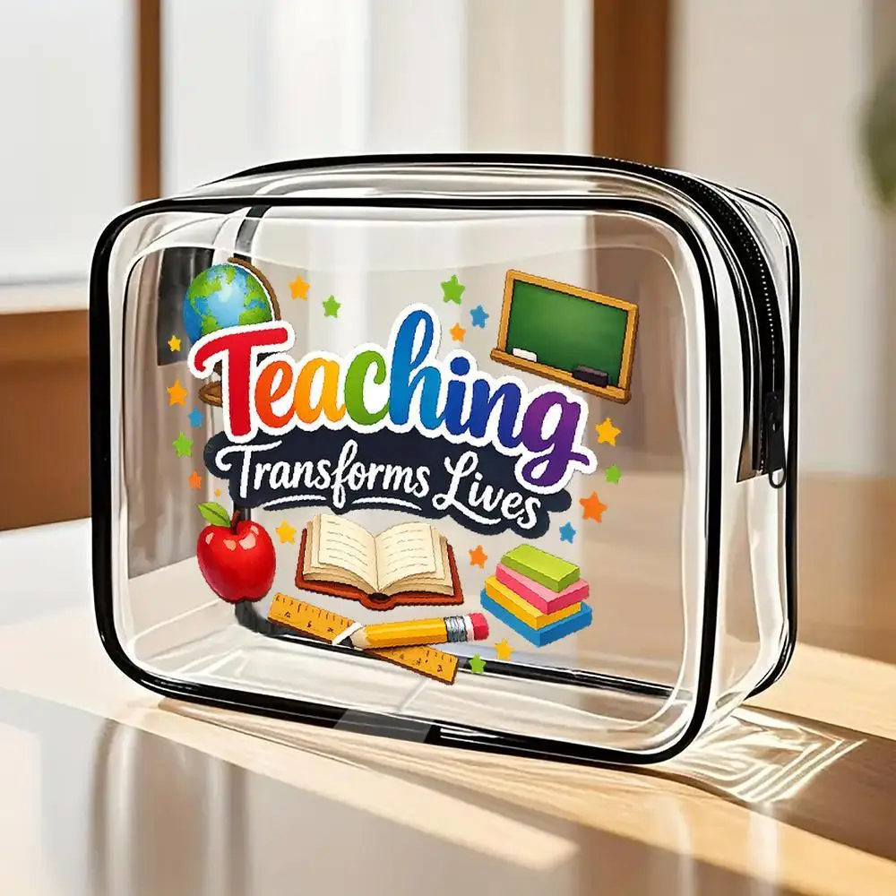 Toiletry Bag Rainbow 'Teaching Transforms Lives' Slogan Education Icons Clear Zippered PVC Cosmetic Organizer Bag Vibrant Playf