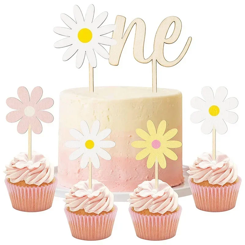 5Pcs/Set 1st Happy Birthday Cake Topper Wooden Little Daisy Sunflower Dessert Cupcake Insertion Boys Girls Birthday Party Decor