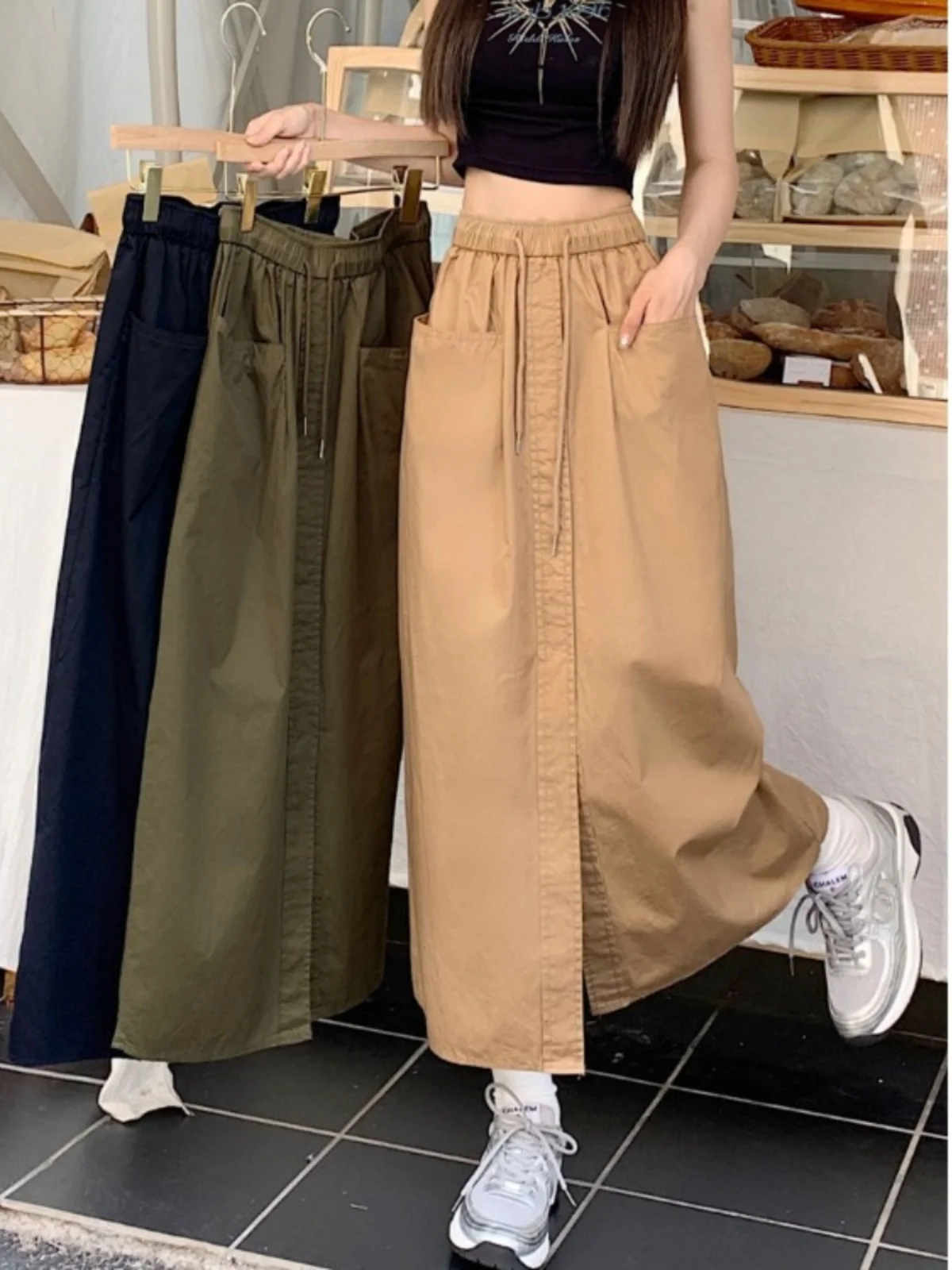 

Summer New Design A-Line Skirt Military een High Waist Loose Workwear Slit Midi Skirt Elastic Waist Commute Sle Cotton Blend