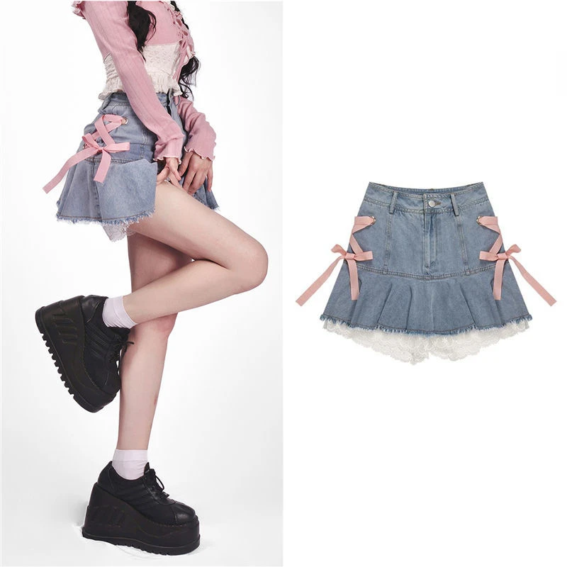 Pink strappy denim skirts women 2022 summer elegant sexy hot girl white lace stitching miniskirt ins casual sweet A-line skirt