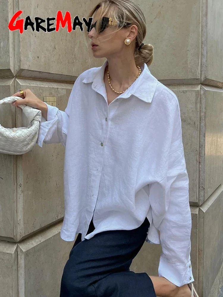 White Women's Linen Shirt Long Sleeve Elegant Pink Oversize Blouse Vintage Spring Basic Top Collar Cotton Linen Shirt for Women 2