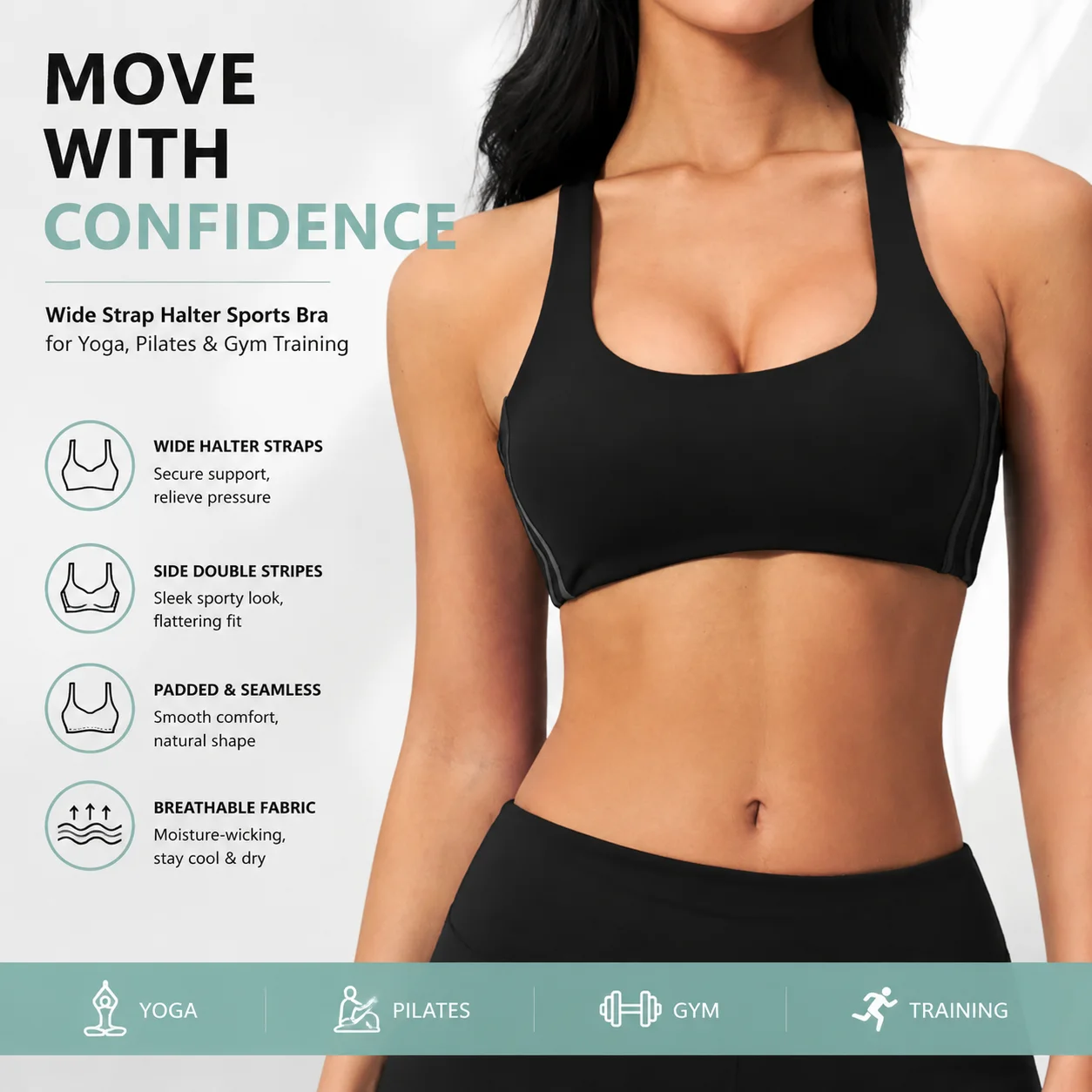 Women's Wide Strap Halter Sports Bra with Side Double Stripes Padded Seamless Workout Bralette for Yoga Pilates Gym Training