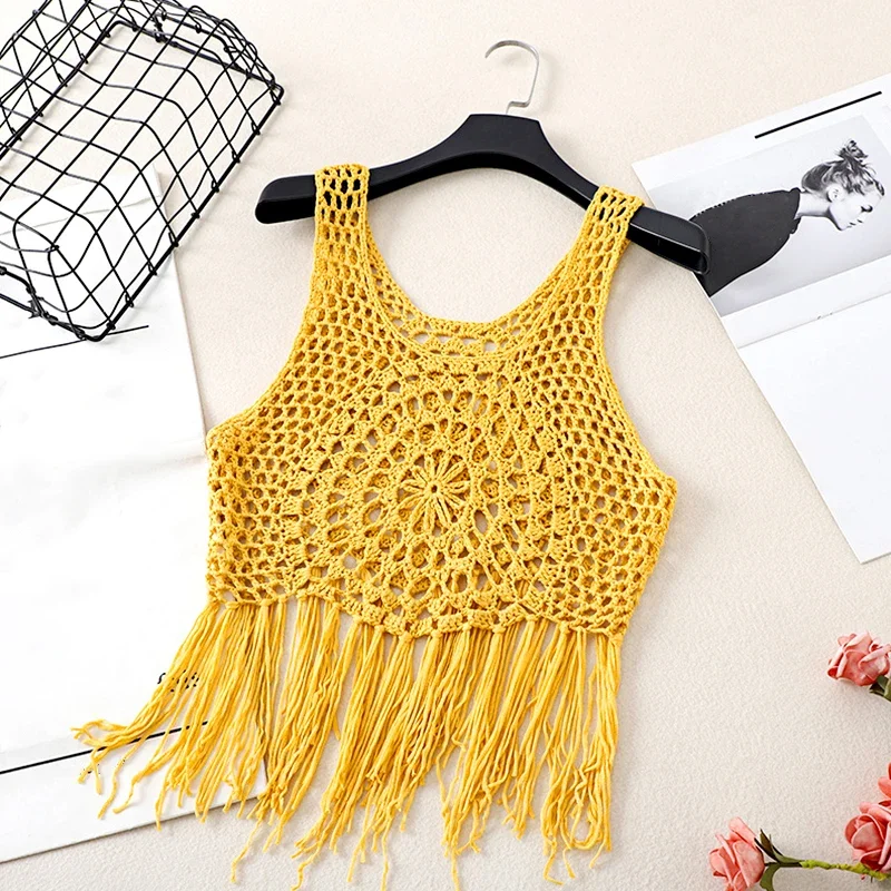 Summer Crop Tops for Women Bohemia Hollow Out Tassel Knitted Camisole Vintage Ethnic Style Camis Vest Beach Holiday Costume