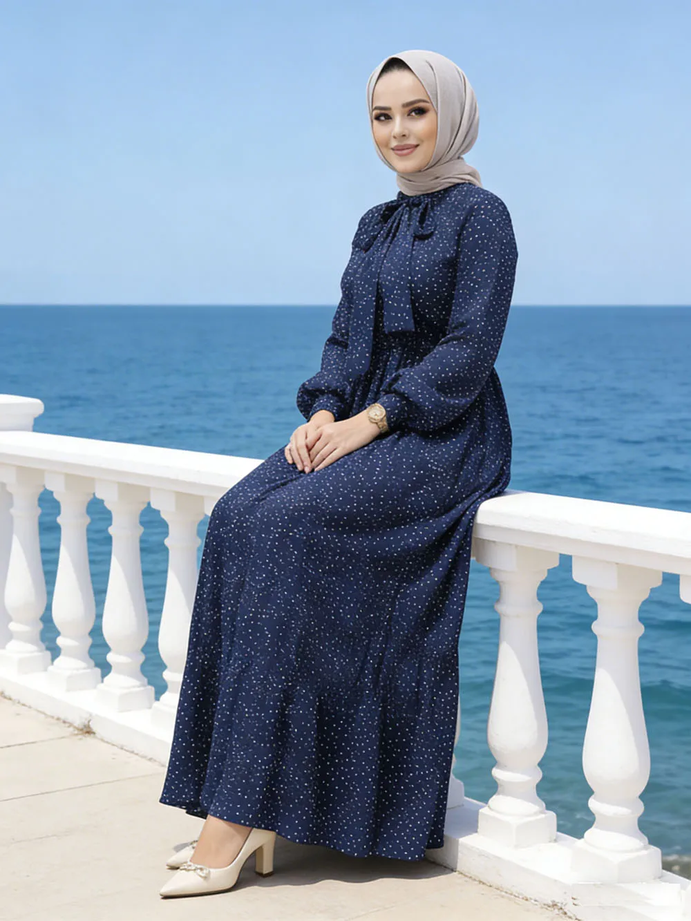 

Dubai Polka Dots Pleated Jalabiya for Women Middle East Muslim Long Sleeve Dress Turkey Kaftan Abaya Ramadan Islamic Modest Robe