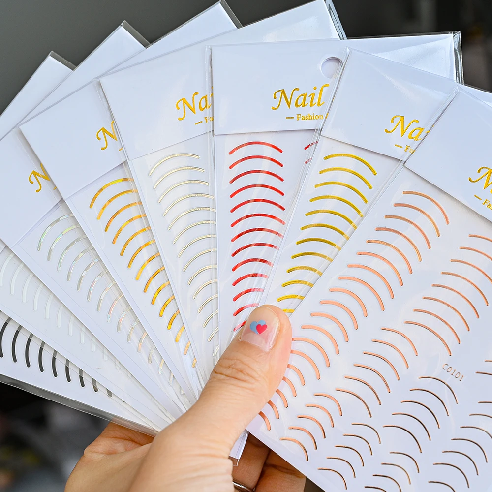 

French Style Gold/Silver Lines Nail Art Sticker 8*10cm 3d Metal Texture Eyebrow-Shape Nail Decal Sticker Simple Line Nail Slider