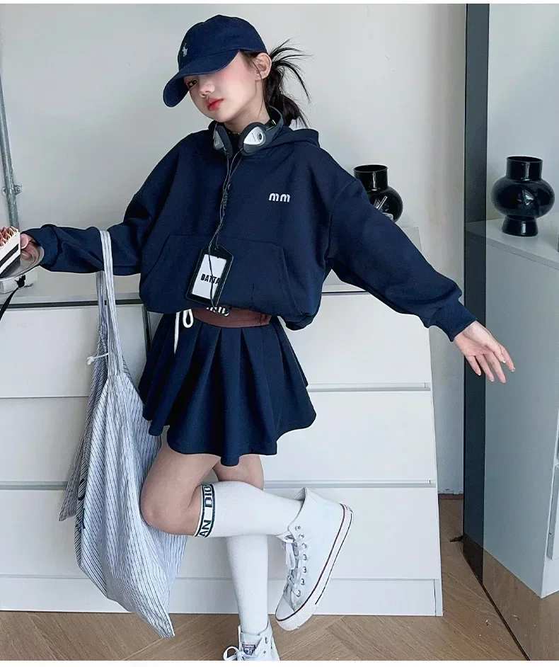 Girls Fall Set 2024 New Fashion Girls Korean Preppy Hoodie Pleated Skirt Two-piece Set Clothes Korean Simple Style Clothes