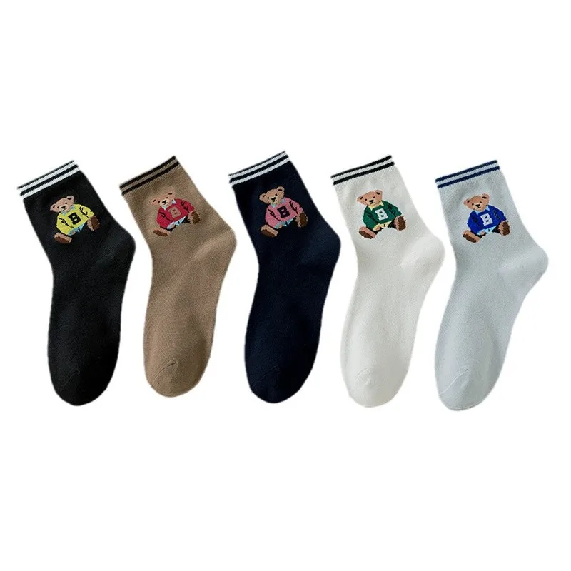 5 Pairs Cartoon Elegant Lady Bear Women\'s  Cute Socks Cotton Harajuku Style Woman Novelty Breathable Sox Christmas Gifts