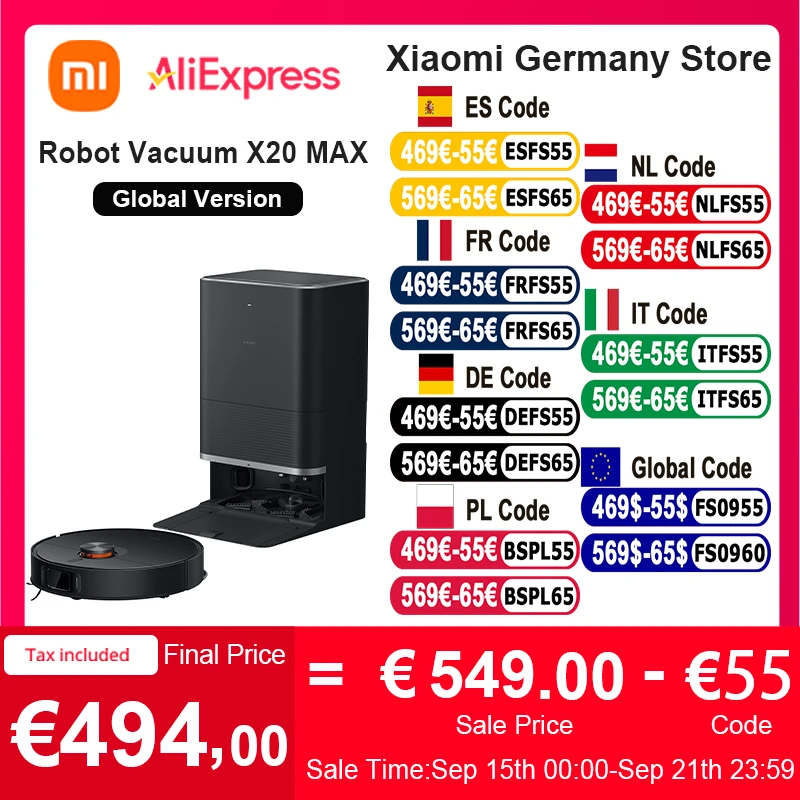 النسخة العالمية من Xiaomi Robot Vacuum X20 Max التحكم الصوتي جمع الغبار التلقائي للمنزل بأكمله مسح الشعر السائل تنظيف نظام تجنب العوائق الدقيق مع منفاخ مروحة شفط قوي للغاية 8000Pa