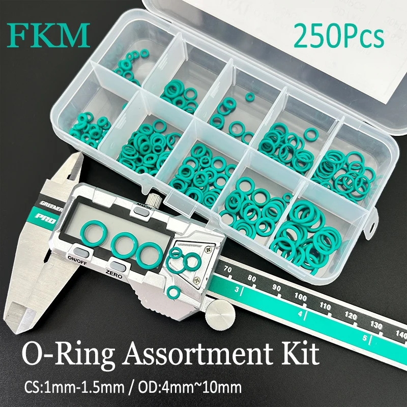 250PCS FKM Green O-Rings High Temp Fluororubber Sealing Gaskets CS 1-1.5mm OD 4~10mm for Auto/Plumbing O Ring Assortment Kit