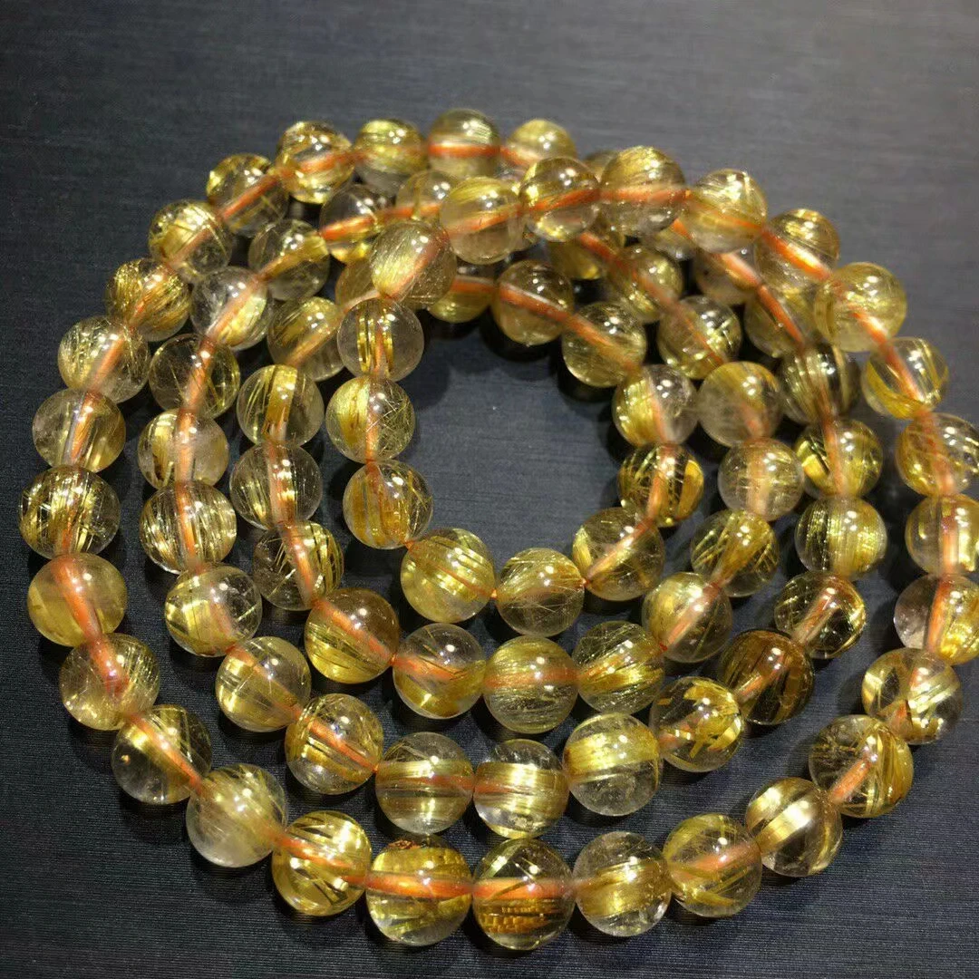 Natural Gold Rutilated Quartz 3 Laps beads Bracelet 6.5mm Wealthy Woman Men Clear Round Beads Jewelry Brazil AAAAAAA