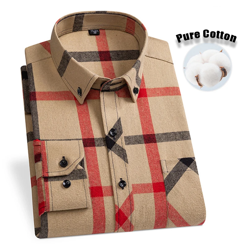 القطن الخالص جديد الرجال موضة بأكمام طويلة منتظم صالح عادية قمصان مربعة النقش الترفيه الذكور مكتب الأعمال تحقق البلوزات حجم كبير
