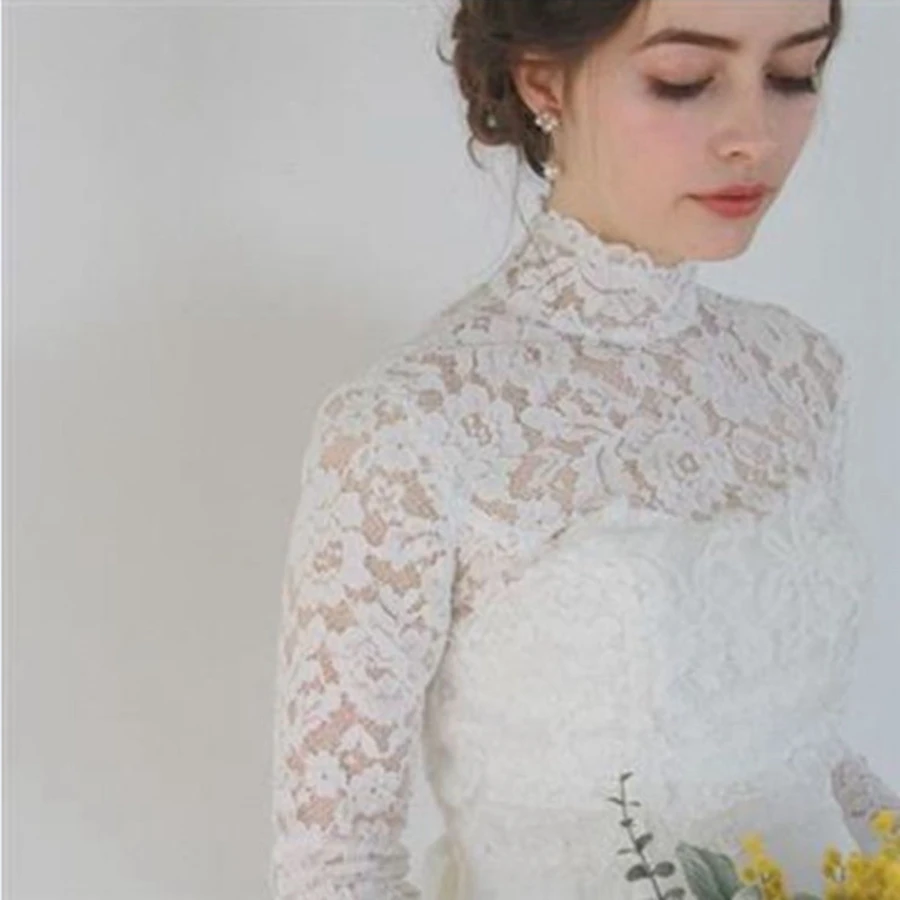 High Neck Lace Appliques Bridal Bolero Shawl Wedding Accessories Wedding Jacket Shrug Lace Shawl Long Sleeve Bridal Coat