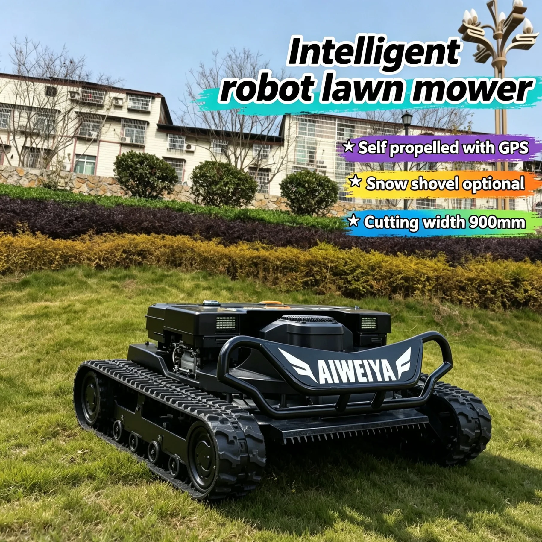 Tondeuse robot intelligente personnalisée compatible avec télécommande GPS industrielle, pelle à neige en option pour la tonte.