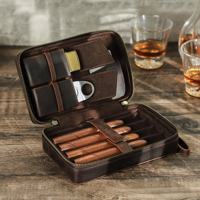 Cigar Accessories Vintage Horseskin Humidor 4-Piece Handcrafted Wrist Zipper Outdoor Cigar Set Storage Case Smoking Accessories