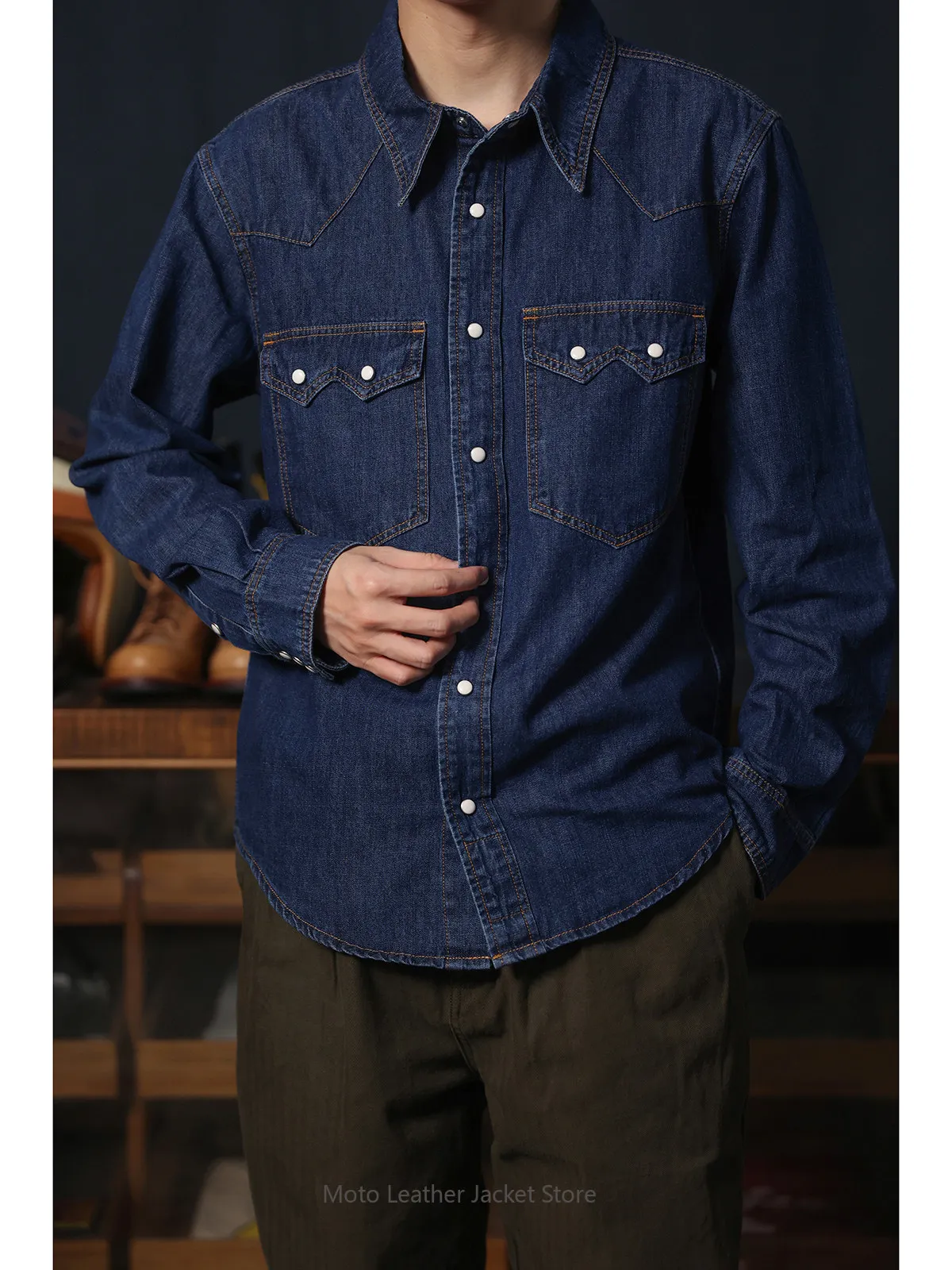 American Retro Western Denim Shirt Raw Denim Washed Casual Pearl Snap Button Western Shirt