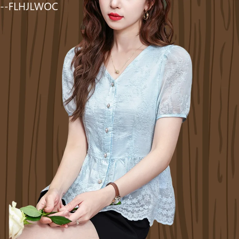 

Peplum Tops Blouses New Fashion Women Summer Short Sleeve Cute Sweet Girls Embroidery Lace Retro Vintage Top Button Shirts