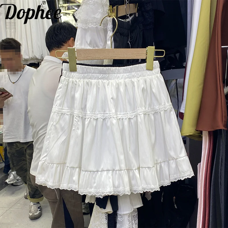 Dophee 2025 New Spring Summer All-match Elastic High Waist A-line Short Skirts Elegant Lace Ruffles Solid Color Princess Skirt