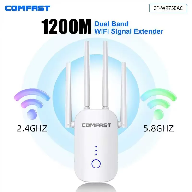 Comfast WIFI5 1200Mbps Dual-Band Wi-Fi Range Extender 2.4GHz+5.8GHz with 4*3dBi Antennas Wireless Signal Repeater for Enhanced N