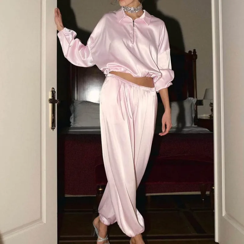Women Luxury Satin Two Piece Outfit Crop Top Drawstring Jogger Pants Set Elegant Loungewear Nightwear Vacation Casual Tracksuit