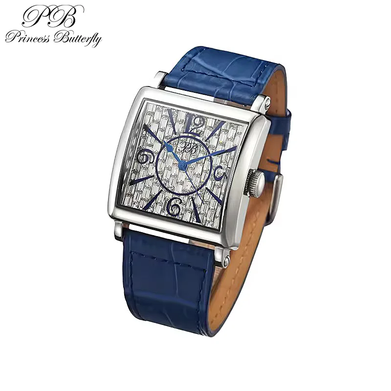 

Princess Butterfly Luxury Brand Watches for Woman Tungsten Steel Elegant Quartz Rectangle Diamond Genuine Leather Wristwatch