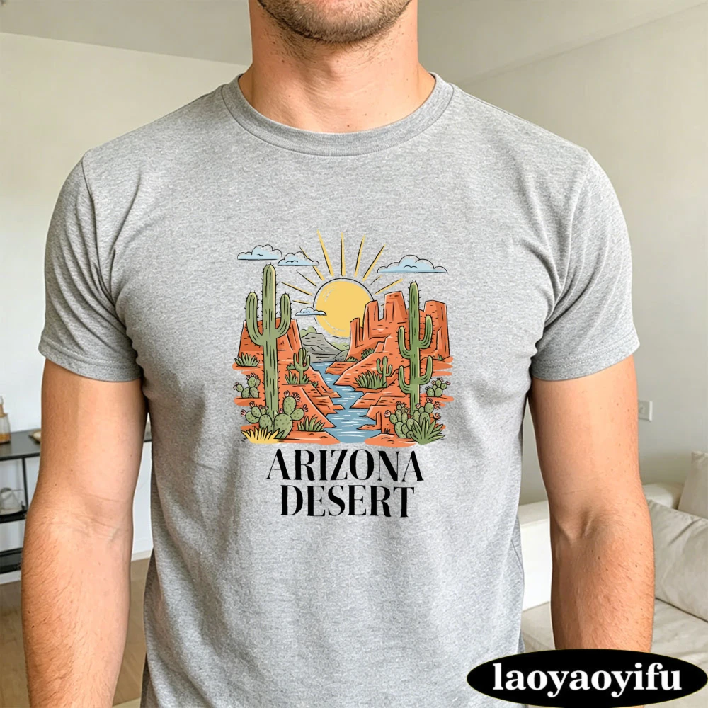 Arizona Desert Landscape With Cactus Art T Shirt Men Western Country Style Tee Vacation Top for Outdoor Camping Travel Lovers