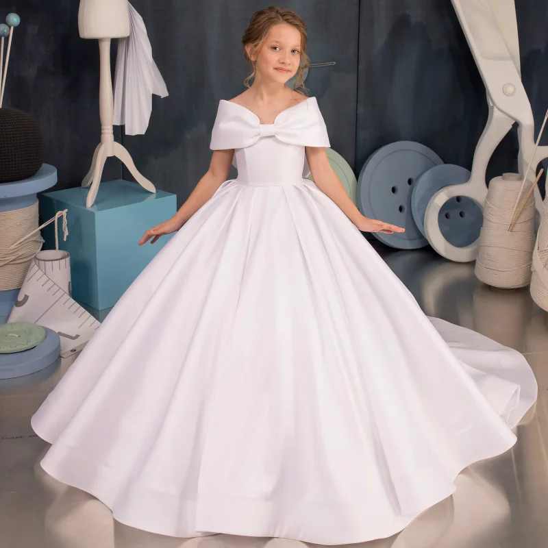 

Flower Girl Dresses White Satin Solid With Big Bow And Tailing Off Shoulder For Wedding Birthday Party Banquet Princess Gown