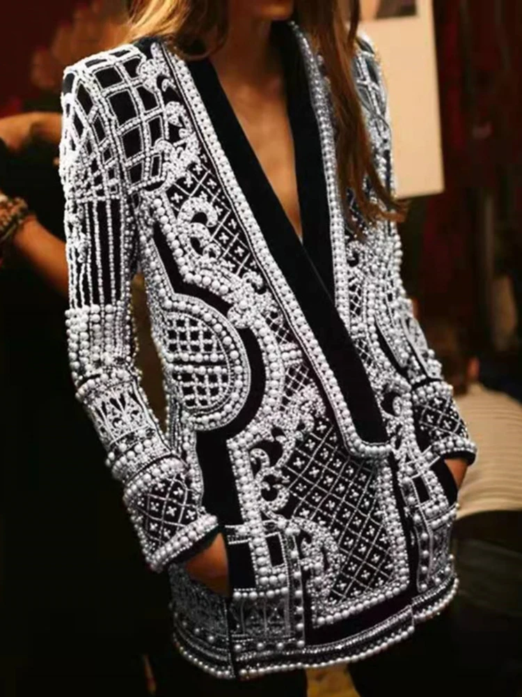 ZOCI Fashion Women Blazer V-neck Embroidered Flares Patchwork Printing Long Sleeve Slim Suit Coat Spring 2025 New Tide FC1268