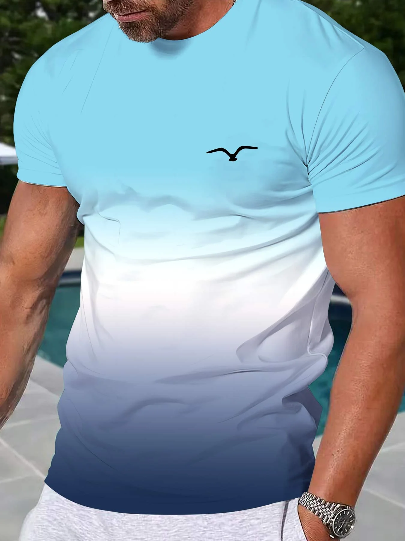 Light Sky To Navy Gradient Sport Tee Small Seagull Logo Crew Neck Quick Dry Training Shirt