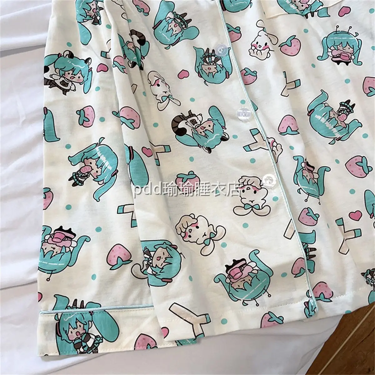2Pcs Kawaii Anime Hatsune Miku Girs Pajamas Set Sleepwear Cartoon Print Lapel Leisure Loose Long Pants Home Pajama Gift for Fans view 4