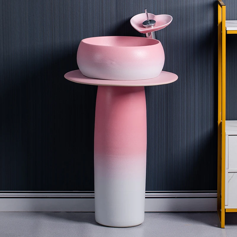 The product can be customized.Nordic style ceramic column-type washbasin balcony column basin integrated pink floor-type