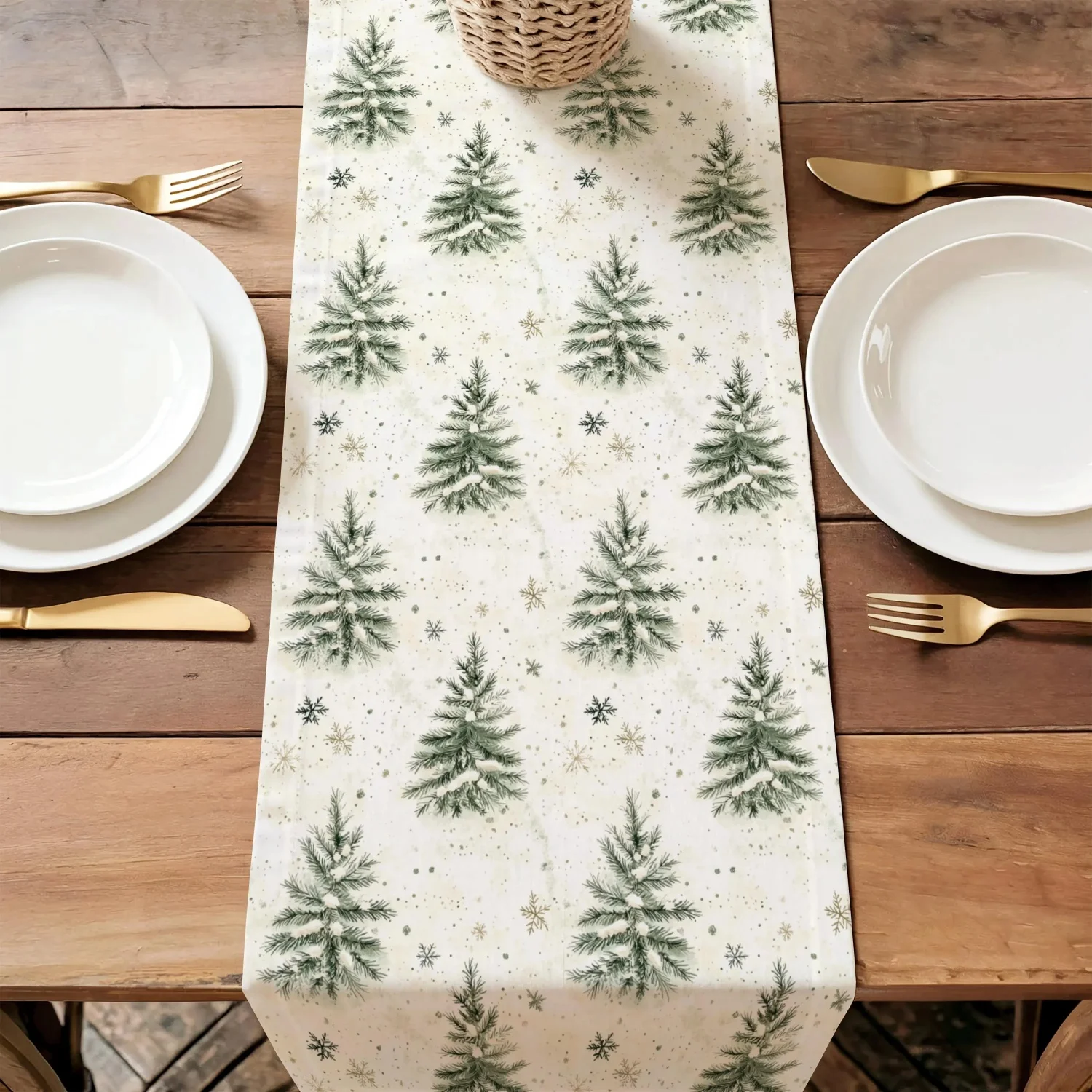 Elegant Christmas Tree Table Runner Green White Gold, Holiday Table Decor, Winter Tablecloth