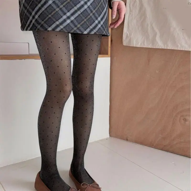 

L5YC Women Shimmering Sheer Black Tights Sparkling Glittering Stockings Vintage Small Dots Pattern Silk Pantyhose Hosiery