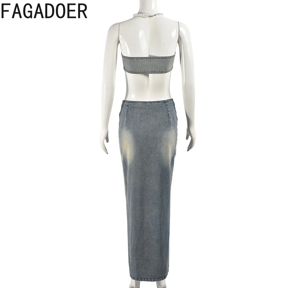 Модная индивидуализированная трендовая уличная одежда FAGADOER, женский джинсовый ремень без рукавов, юбка-скинни на молнии с разрезом, наряды