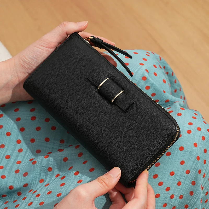 Bow Women Long Wallet Lychee Grain PU Leather Cards Holder Solid Color Zipper Slim Wallets Buckle Portable Change Bag For Ladies