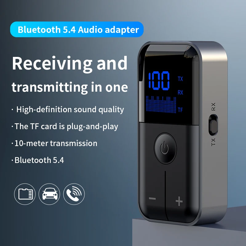4-in-1 Bluetooth 5.4 Audio Receiver Transmitter - 3.5mm AUX, TF Card, Stereo Music, LED Display, Wireless Adapter with for Car‌