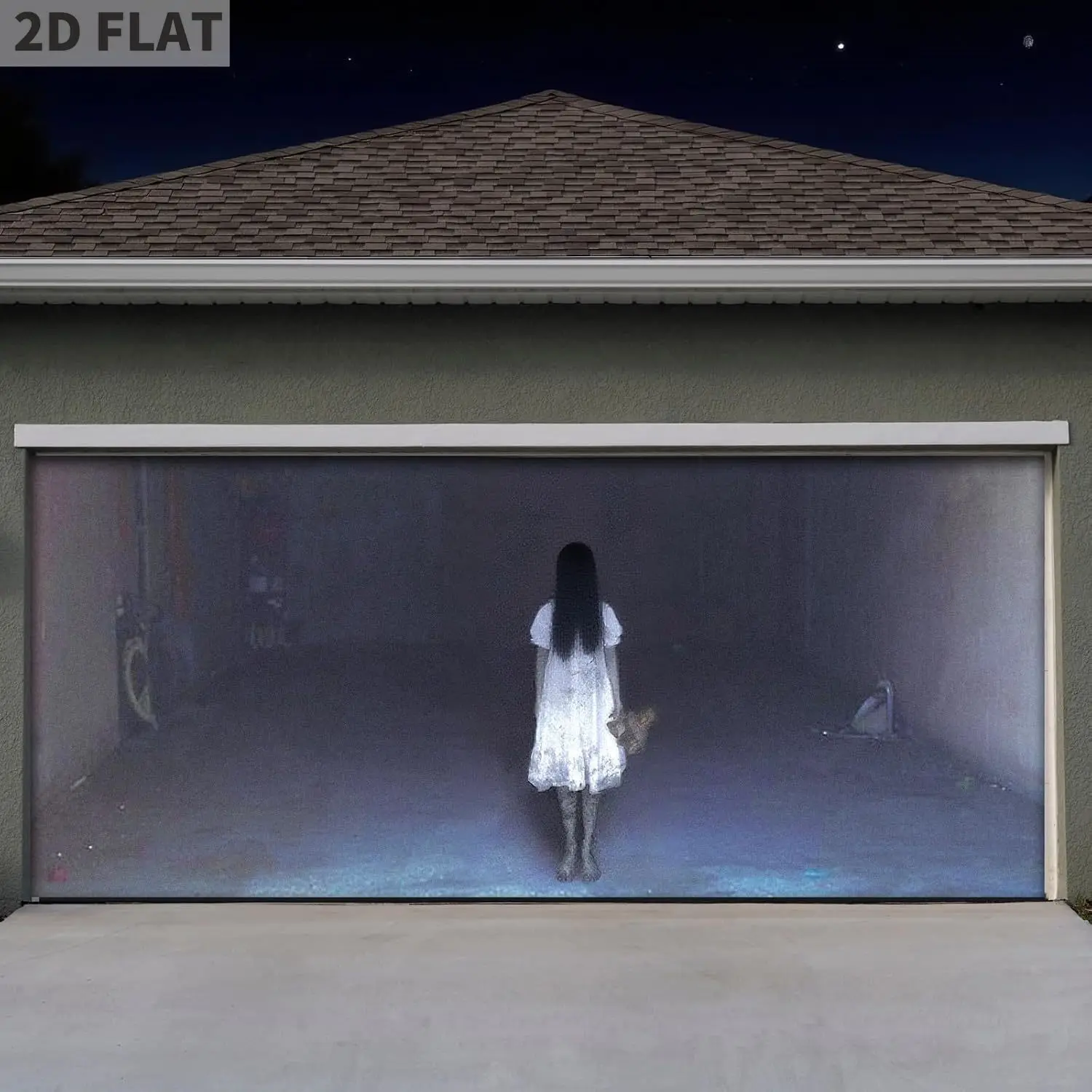 

2D door banner, 2D door banner, 2D flat Halloween garage door - large polyester background with ghostly girl and cat design