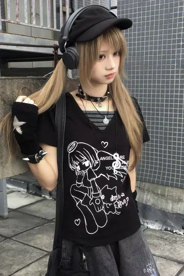 Kawaii Shoulder Front Two V-neck Japanese Cute Homestead Cute Subculture Short Sleeve T-shirt Women Summer Top