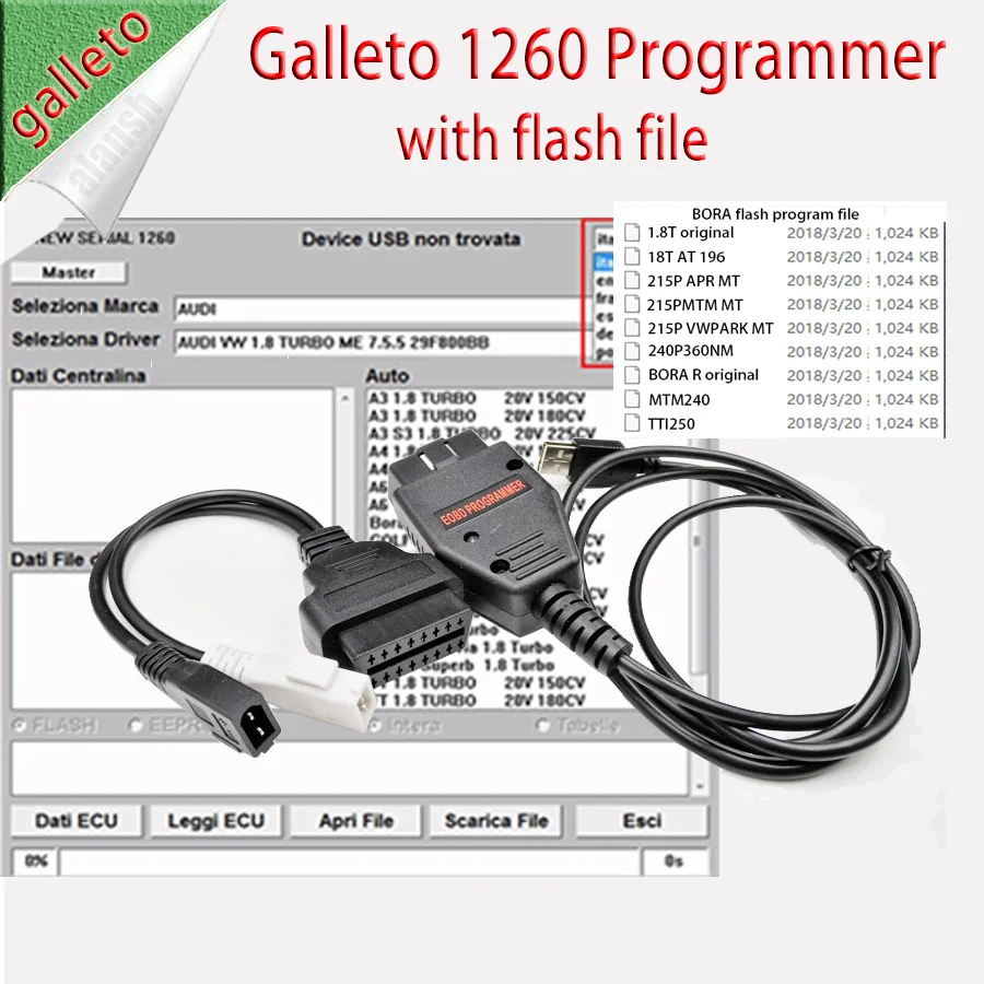 2022 Galletto 1260 Ecu Chip Tuning Tool EOBD2 Flasher Programmer Cable with BORA Flash File Working on EDC16 EDC15 for VW