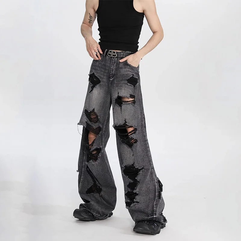 

Harajuku Trend High Street Trend Men Women Same Ripped Beggar Jeans Pants Y2k American All-Matching Hip Hop Niche Design Pants