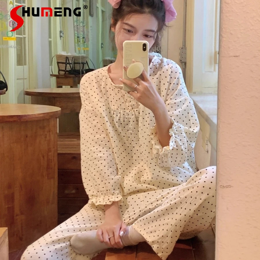 

Polka Dot Cotton Gauze Pajamas for Women Spring Autumn New Princess Style Sweet Loungewear Female Long Sleeve Homewear Set