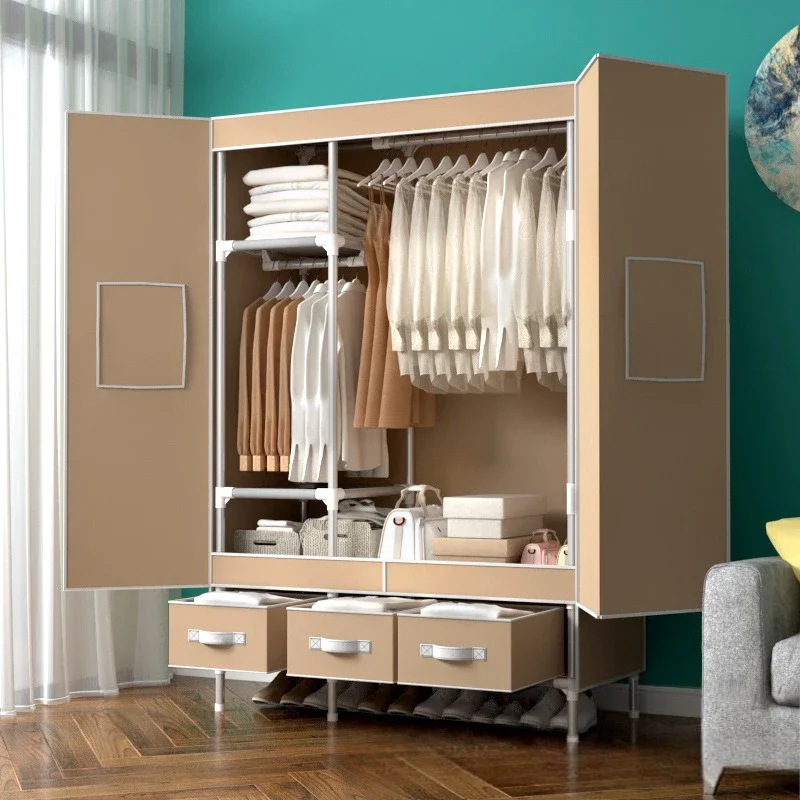 Door opening simple fabric wardrobe for home hanging clothes Fabric wardrobe 112CM with 3 storage boxes available