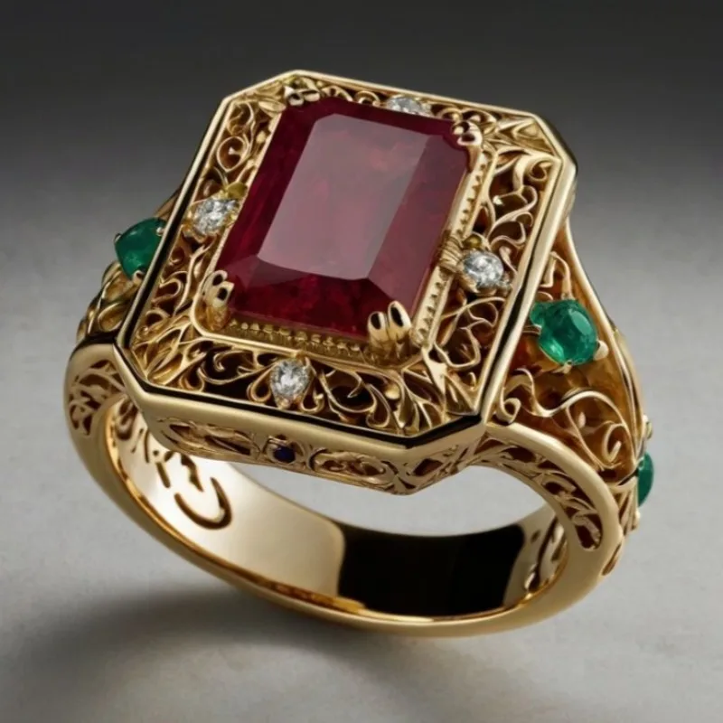 Gorgeous Court Style Synthetic Ruby Golden Color Fine Ring for Women Elegant Vintage Banquet Celebration Charm Jewelry Accessory